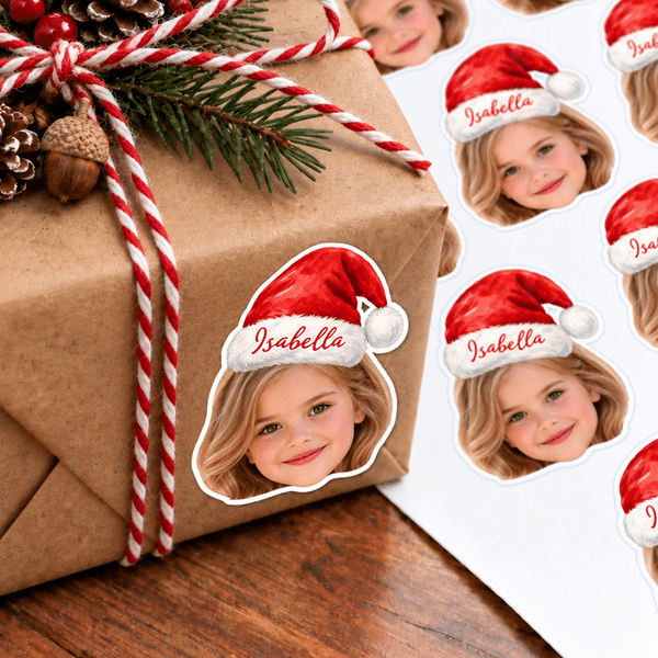 Personalized Cute Santa Hat Photo Waterproof Sticker with Name Gift Decor Christmas Gift for Family Friends Kids