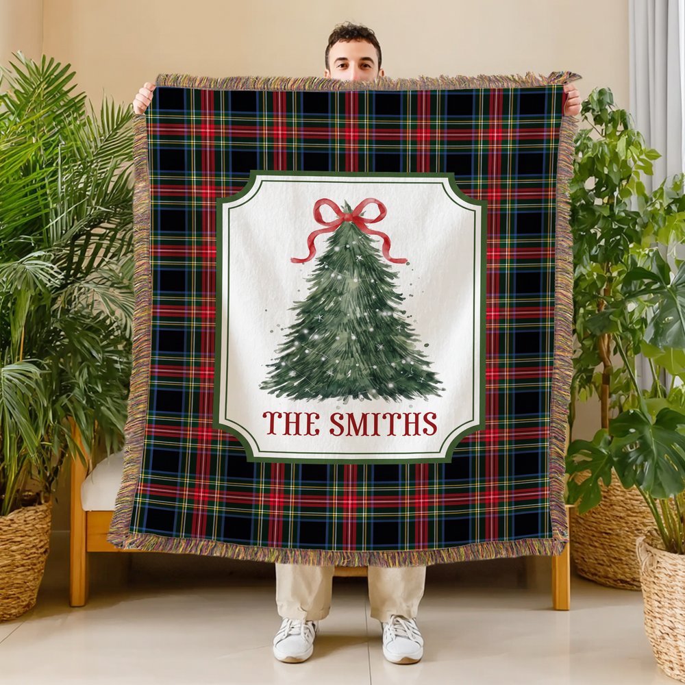 Personalized Watercolor Christmas Tree Buffalo Plaid Fleece Blanket with Tassels and Family Surname Soft Home Decor Christmas Gift for Family Friends 6