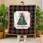 Personalized Watercolor Christmas Tree Buffalo Plaid Fleece Blanket with Tassels and Family Surname Soft Home Decor Christmas Gift for Family Friends 6