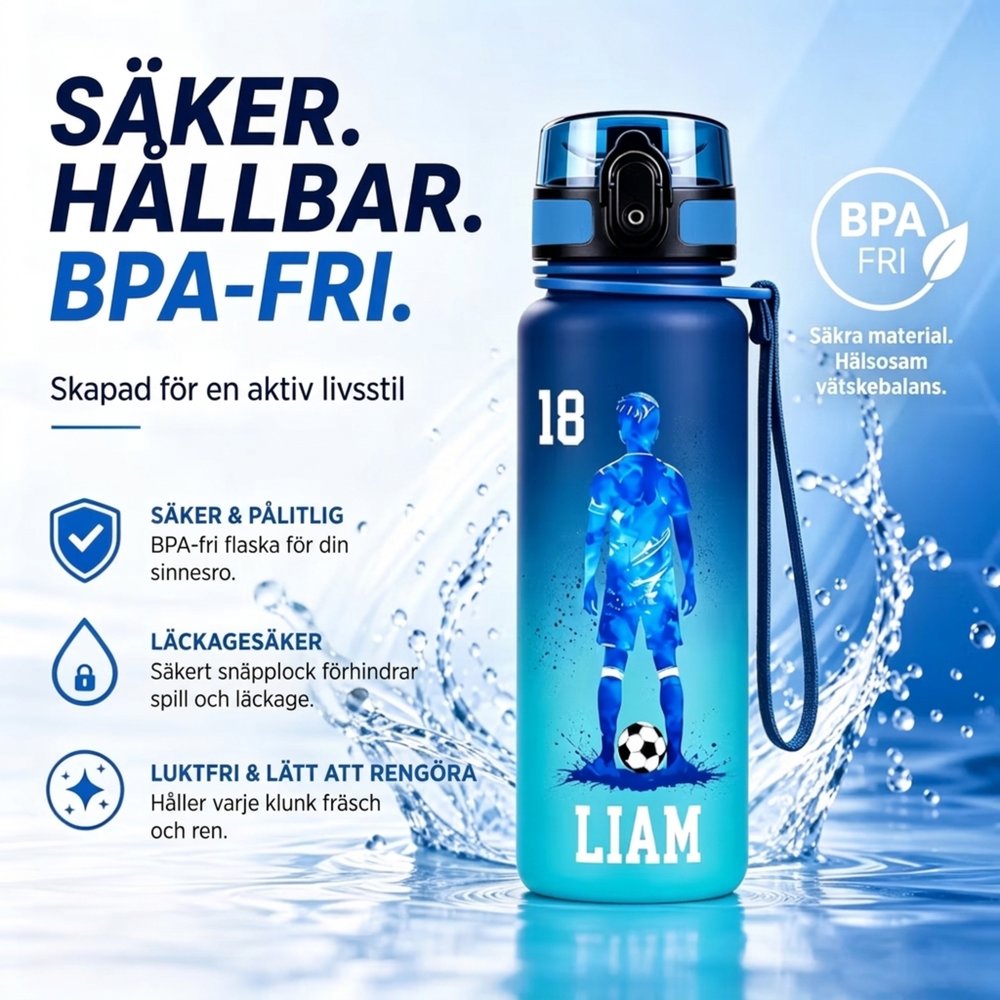 Personlig vattenflaska med fotboll namn och nummer läcksäker sportflaska för barn fotbollsskola match och sommarträning 13