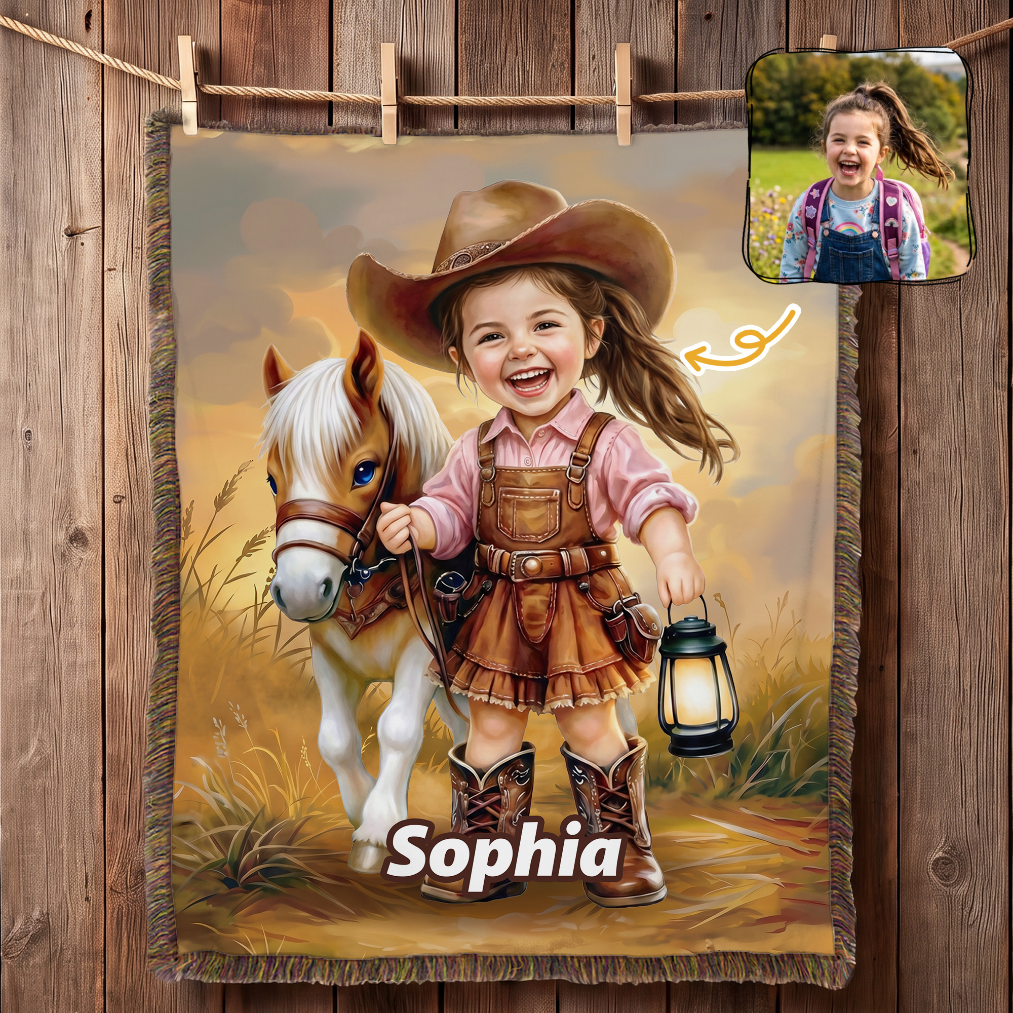 Personalisierte, weiche Kuscheldecke im Western-Cowboy-Stil mit Pferd-Cartoon-Motiv und Quasten, mit Namen – Wohnaccessoire und Geburtstagsgeschenk für Kinder
