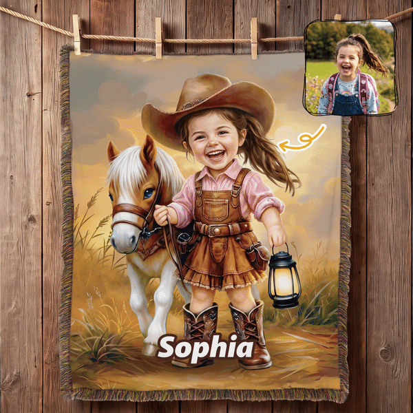 Personalised Horse Western Cowboy Style Cartoon Character Tassel Soft Throw Blanket with Name Home Decor Birthday Gift for Kid