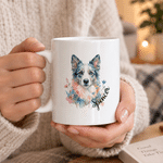 Tasse en céramique personnalisée de 11 oz ou 15 oz, avec photo d'un personnage de dessin animé floral à l'aquarelle représentant un animal de compagnie et son nom – Cadeau de Noël pour les amoureux de
