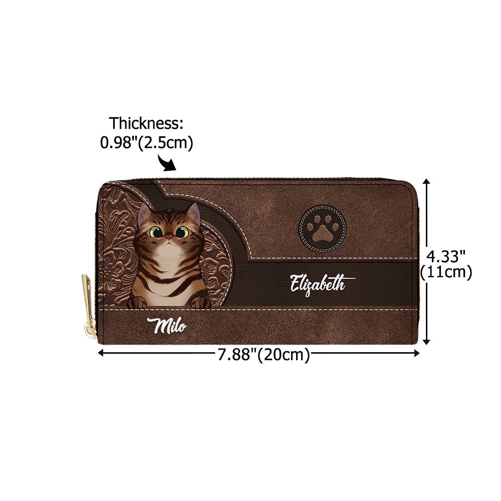 Gepersonaliseerde Retro Cartoon Cat Grote PU Lederen Naam Hand Portemonnee met Meerdere Compartimenten Metal Zipper Verjaardag Verjaardagscadeau voor Cat Pet Lovers 7