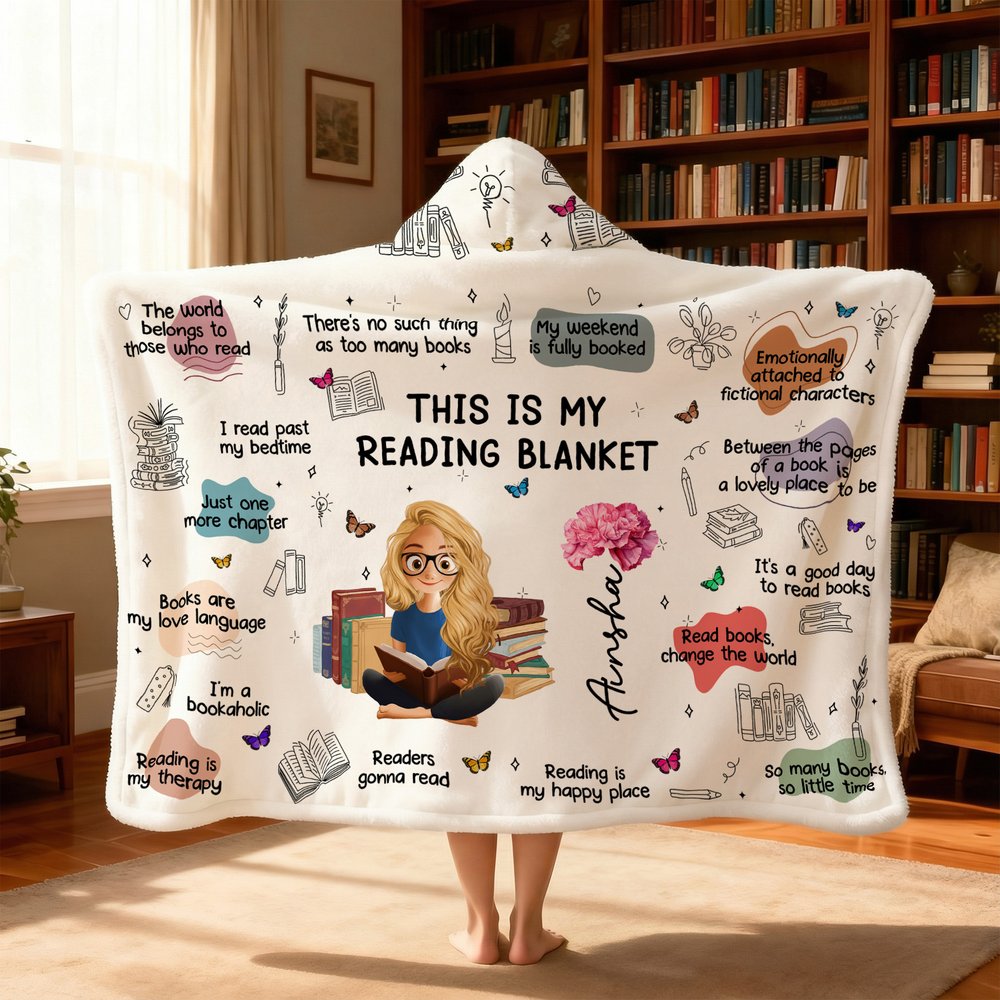 Personalized Birth Flower Cartoon Reading Girl Soft Throw Hooded Blanket with Name Birthday Gift for Librarians Book Lovers 1