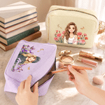 Personalised Birth Flower Cartoon Character Multicolour Stripes Makeup Bag with Name and Zipper Travel Essentials Birthday Gift for Women Friends