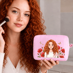 Personalised Birth Flower Cartoon Character Multicolour Stripes Makeup Bag with Name and Zipper Travel Essentials Birthday Gift for Women Friends