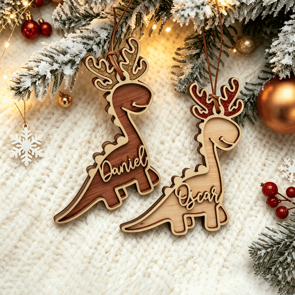 Décoration de Noël en bois en forme de dinosaure personnalisée avec le prénom et des bois pailletés – Cadeau de Noël pour les petits garçons