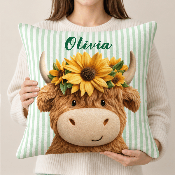 Personalised 3D-Effect Artwork Sunflower Highland Cow Striped Soft Cushion Cover with Name Birthday Gift for Kids Highland Cow Lovers