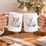 Tasse en céramique personnalisée de 11 oz ou 15 oz, avec photo d'un personnage de dessin animé floral à l'aquarelle représentant un animal de compagnie et son nom – Cadeau de Noël pour les amoureux de