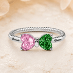 Personalized Double Heart Birthstone Sterling Silver Ring with Engraved Names Dainty Jewellery Anniversary Birthday Wedding Gift for Couple Family