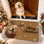 Paillasson antidérapant personnalisé avec portrait de chien ou de chat en forme de renne sous des lumières de Noël, avec inscription – Décoration de Noël, cadeau idéal pour les amoureux des animaux