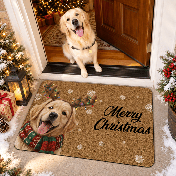 Personalised Festive Light Reindeer Dog Cat Portrait Non-Slip Doormat with Text Holiday Decor Christmas Gift for Pet Lovers