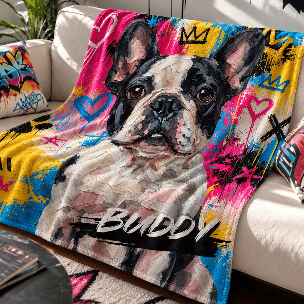 Manta suave personalizada con foto de mascota y estilo de grafiti al óleo con nombre regalo de cumpleaños para amantes de las mascotas 1