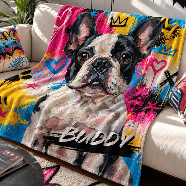 Manta suave personalizada con foto de mascota y estilo de grafiti al óleo con nombre regalo de cumpleaños para amantes de las mascotas