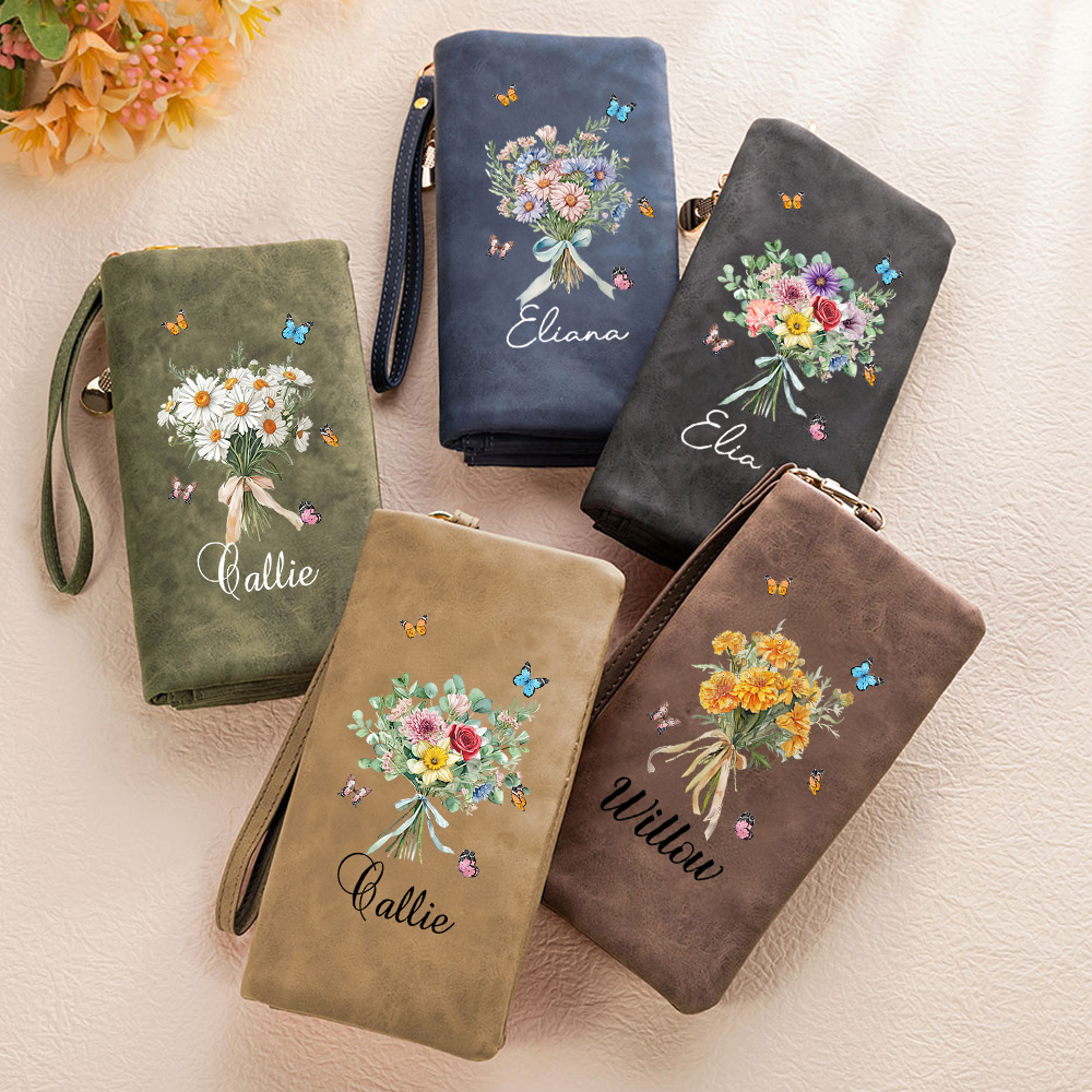 Personalisierte Familie Geburt Blume Blumenstrauß Leder gefaltet Armband Brieftasche mit Karteninhaber und Name Geburtstag Muttertag Geschenk für Frauen