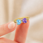Personalized Double Heart Birthstone Sterling Silver Ring with Engraved Names Dainty Jewellery Anniversary Birthday Wedding Gift for Couple Family