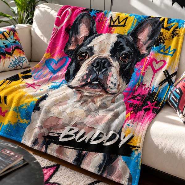 Personalised Graffiti Oil Pet Photo Soft Throw Blanket with Name Home Decor Daily Use Birthday Gift for Pet Lovers Family