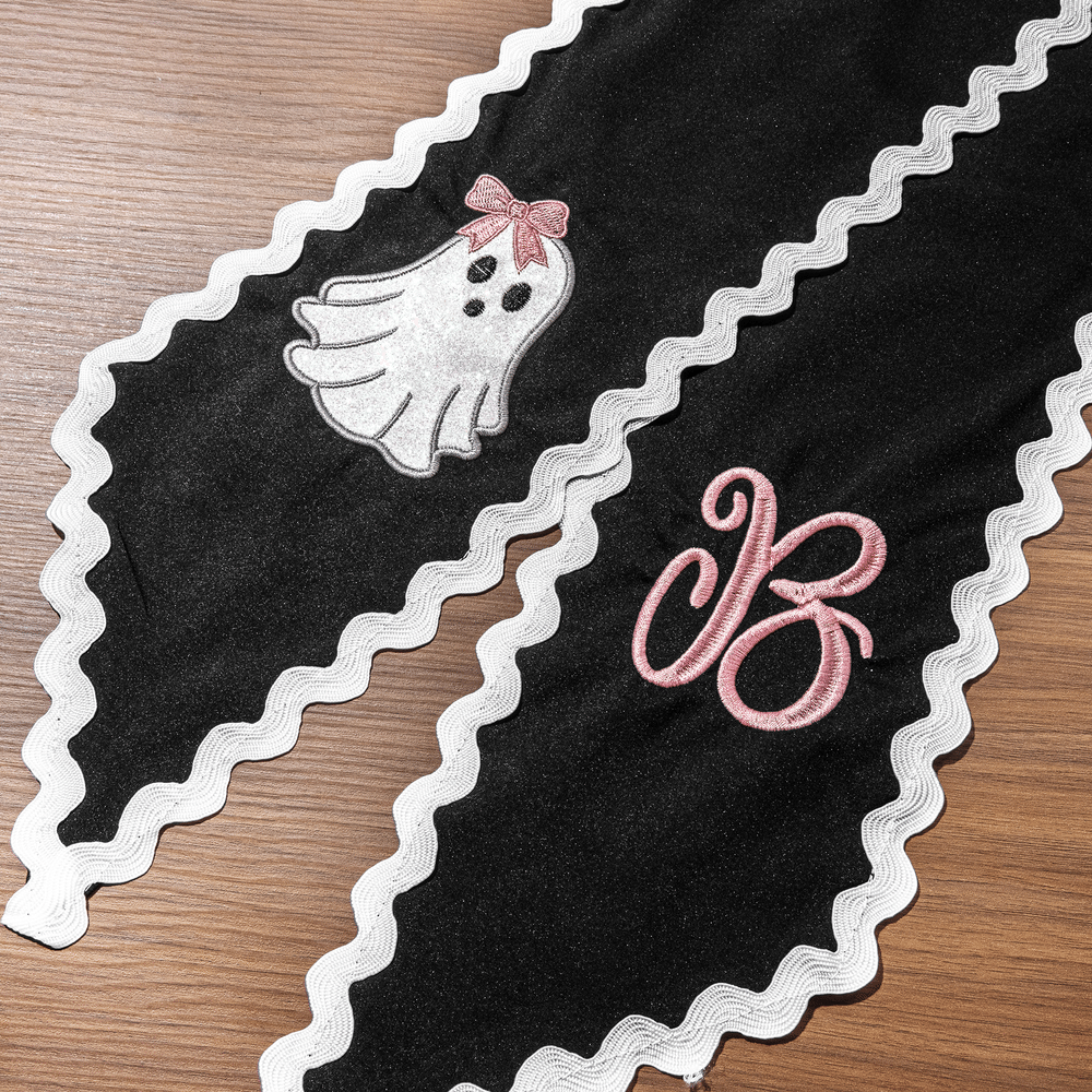 Personlig broderi med initialer, glitterbue, spøkelse, bølget slips, krans, sjal – høstdekorasjon, Halloween, innflyttingsgave til familie og venner 6