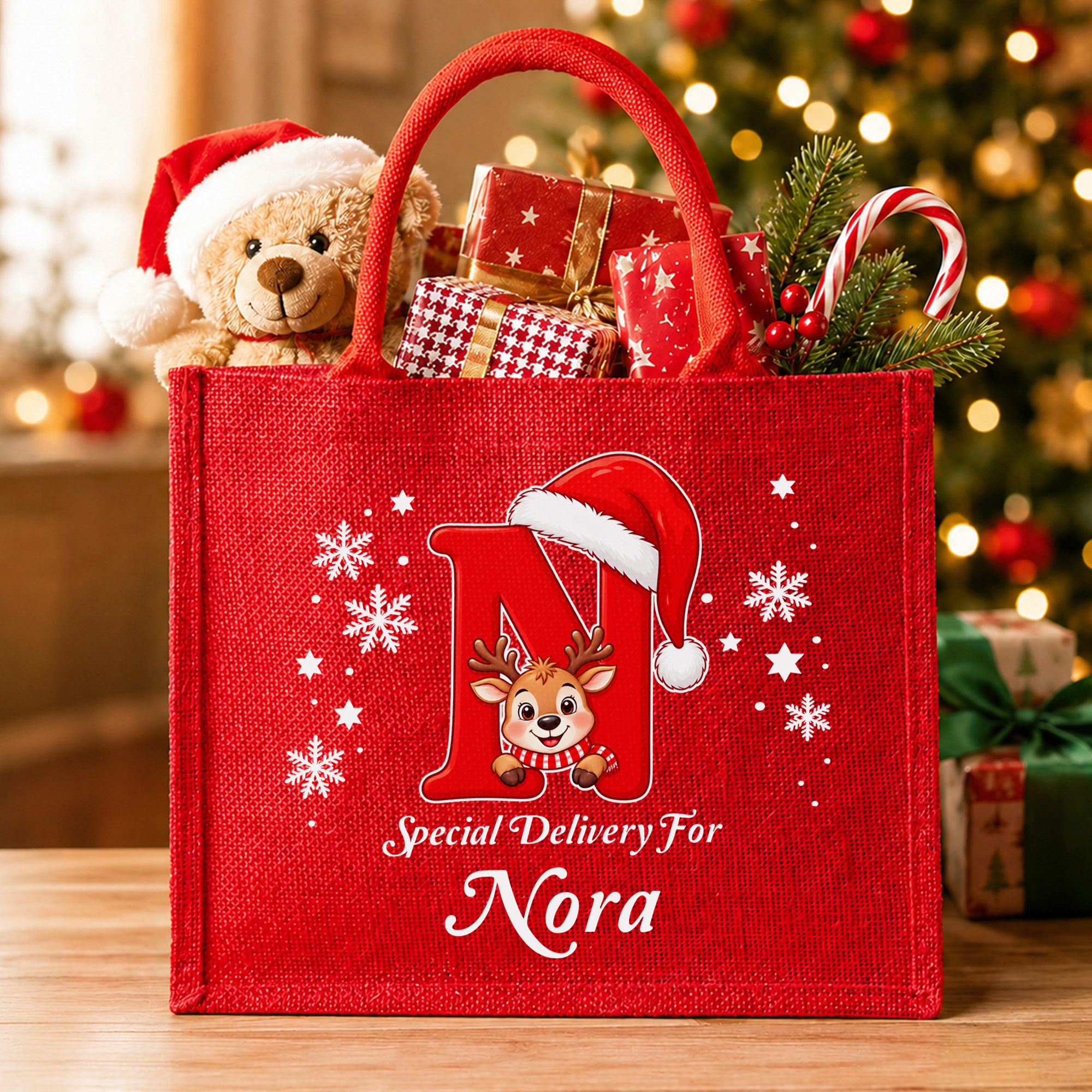 Personalised Christmas Reindeer Design Eco-Friendly Red Linen Tote Bag with Name and Initial Daily Use Christmas Party Gift for Family Friends