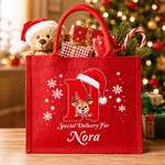 Bolso de lino rojo ecológico con diseño personalizado de renos navideños, con nombre e iniciales; ideal para el uso diario y como regalo para fiestas navideñas para familiares y amigos 1