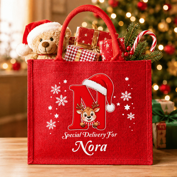Bolso de lino rojo ecológico con diseño personalizado de renos navideños, con nombre e iniciales; ideal para el uso diario y como regalo para fiestas navideñas para familiares y amigos