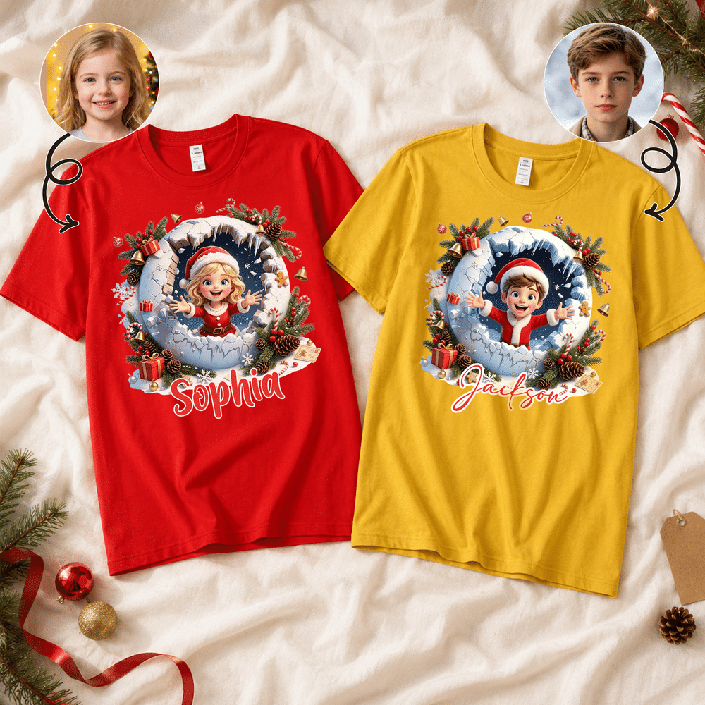 Personalised 3D-Effect Artwork Christmas Theme Photo T-shirt with Name Daily Wear Christmas Gift for Kids Friends Family 1