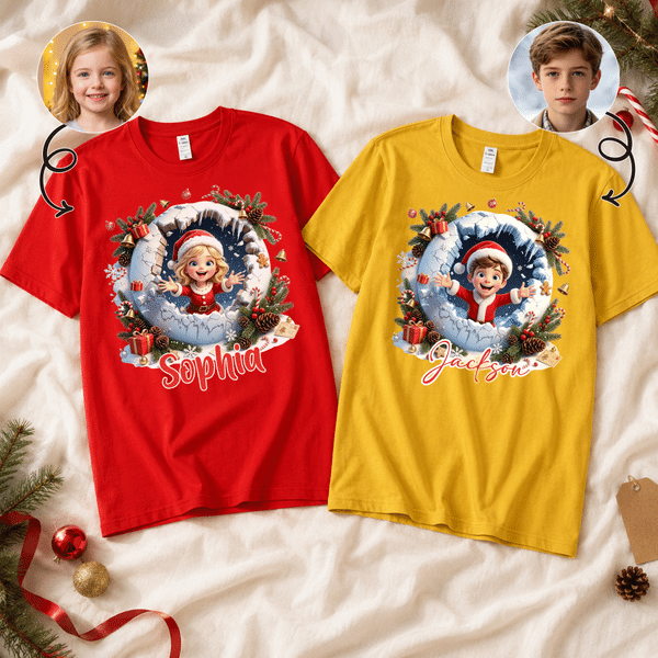 Personalised 3D-Effect Artwork Christmas Theme Photo T-shirt with Name Daily Wear Christmas Gift for Kids Friends Family