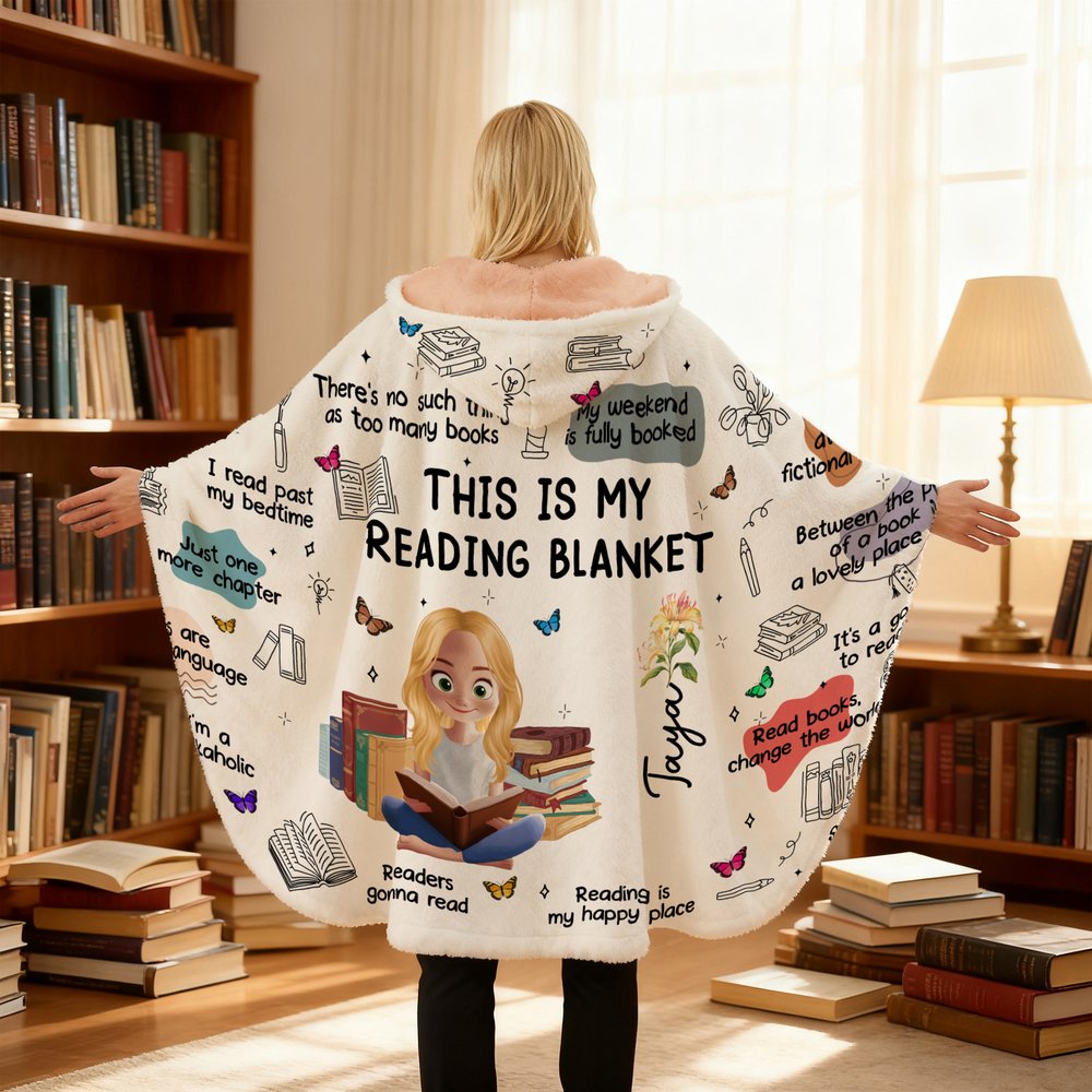 Personalized Birth Flower Cartoon Reading Girl Soft Throw Hooded Blanket with Name Birthday Gift for Librarians Book Lovers 6