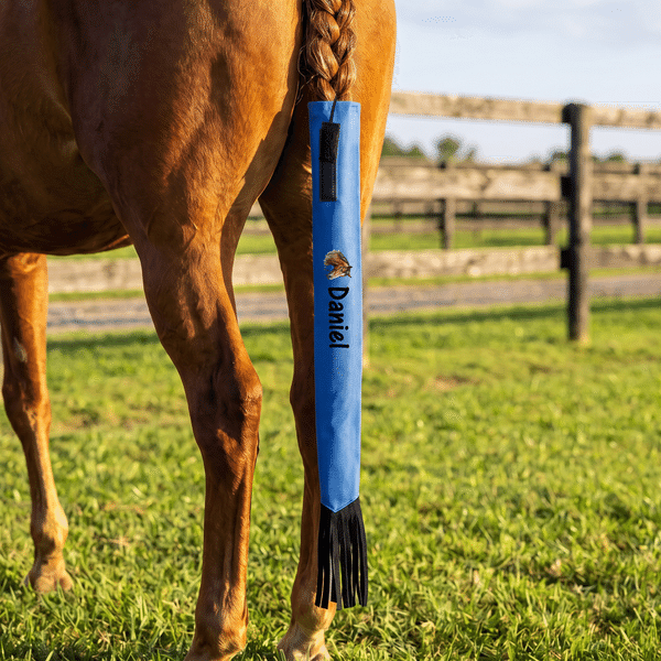 Protector de bolsa con borla y cola de caballo personalizado con retrato del caballo, con nombre; accesorios para el cuidado diario y para concursos hípicos; regalo ecuestre para propietarios de caballos