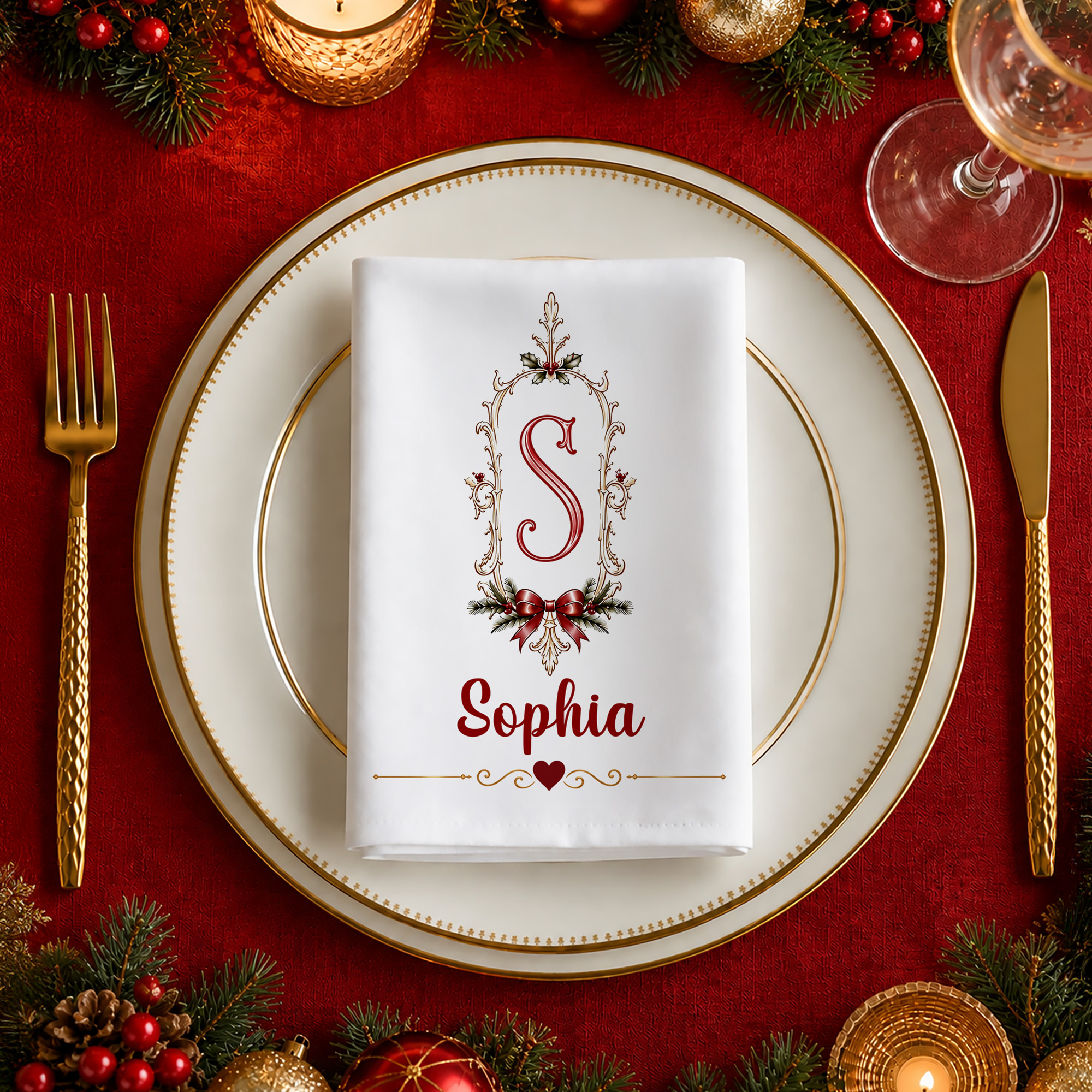 Personalisierte Weihnachtsserviette im Retro-Design | mit Namen & Initiale | 100% Baumwolle | Weihnachten Geschenk für Familie & Freunde