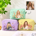 Personalised Birth Flower Cartoon Character Multicolour Stripes Makeup Bag with Name and Zipper Travel Essentials Birthday Gift for Women Friends