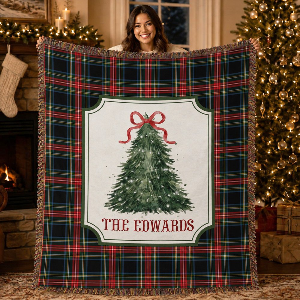 Personalized Watercolor Christmas Tree Buffalo Plaid Fleece Blanket with Tassels and Family Surname Soft Home Decor Christmas Gift for Family Friends 4