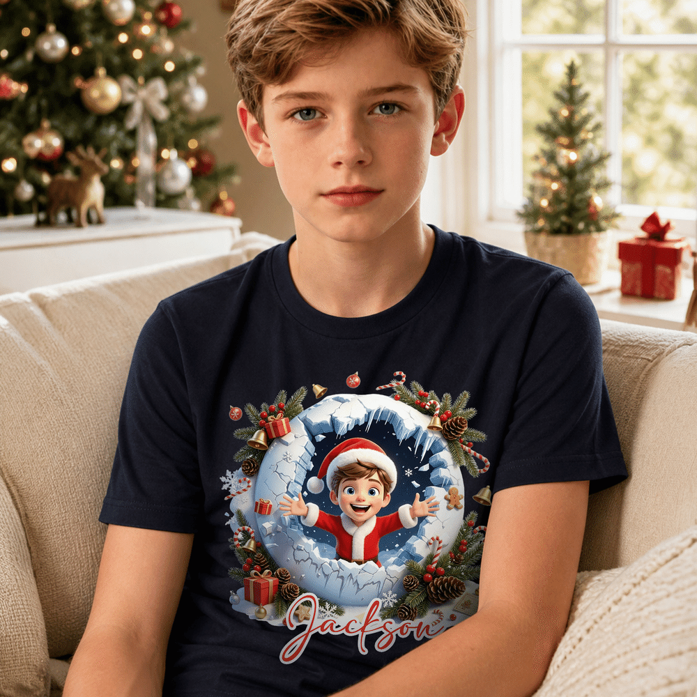 Personalised 3D-Effect Artwork Christmas Theme Photo T-shirt with Name Daily Wear Christmas Gift for Kids Friends Family 5