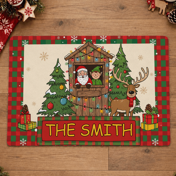 Personalized Santa Elf Cabin Reindeer Xmas Anti-Slip Door Mat with Text Home Decor Christmas Gift for Family Friends