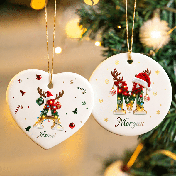 Personalised Metal Look Reindeer Initial Ceramic Christmas Ornament with Name Home Decor Christmas Gift for Family Babies Kids