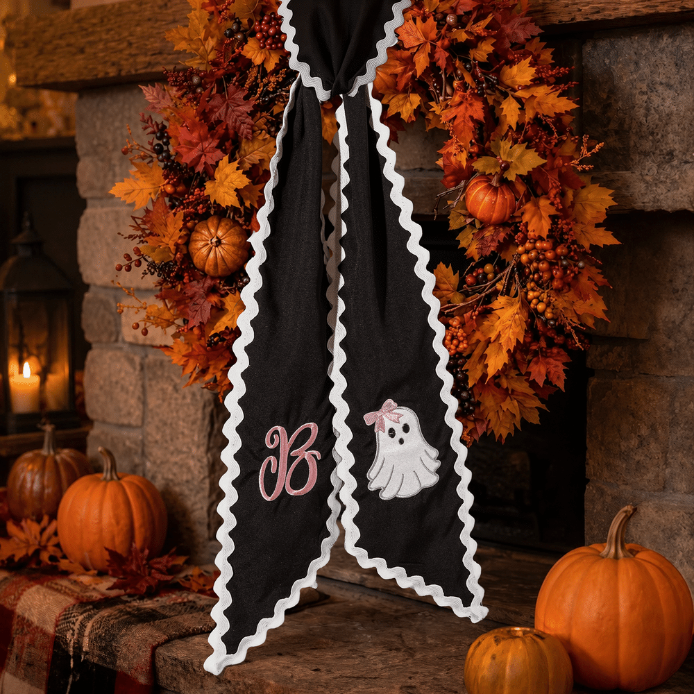 Personlig broderi med initialer, glitterbue, spøkelse, bølget slips, krans, sjal – høstdekorasjon, Halloween, innflyttingsgave til familie og venner 3