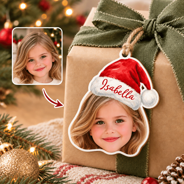 Personalised Photo with Santa Hat Christmas Tree Ornament Tag with Name Home Decoration Christmas Gift for Family Friend Kid