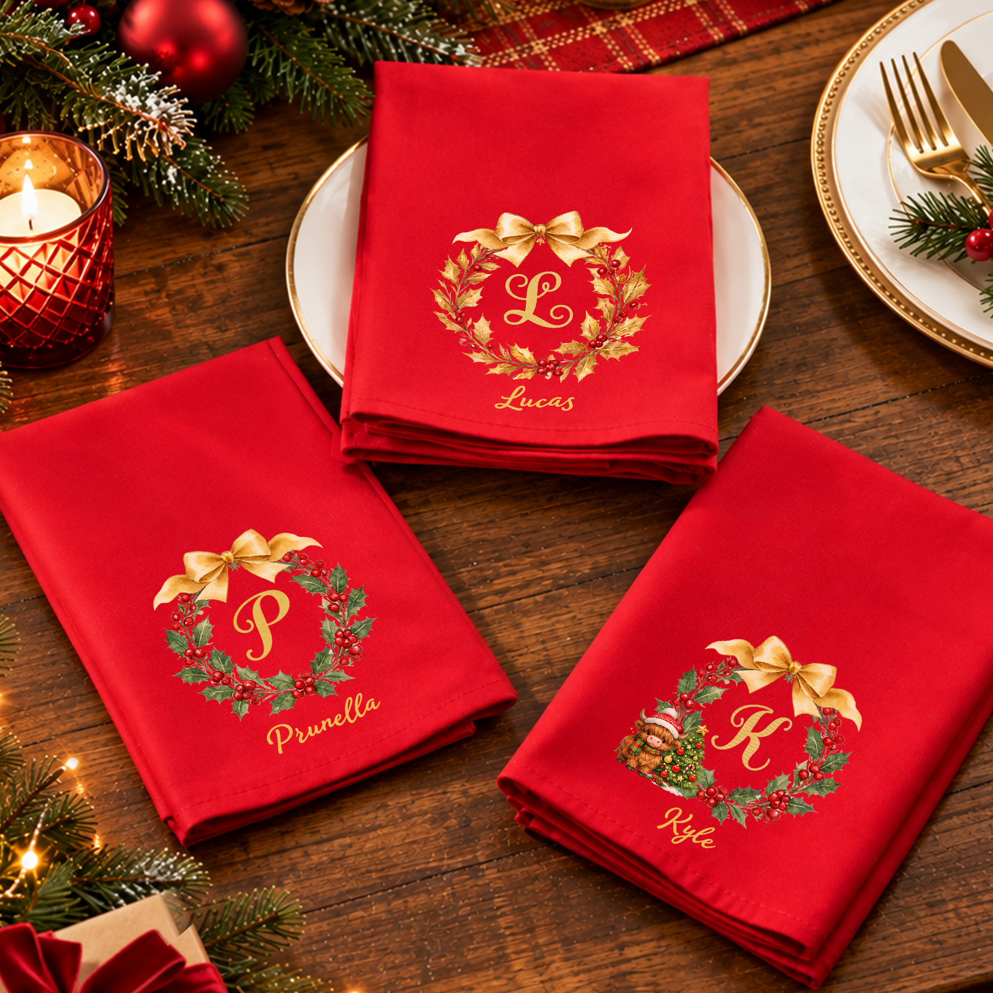 Personalisierte Weihnachtskranz Stoffserviette | mit Namen und Hochlandrind | Festliche Tischdeko | Weihnachten Geschenk für Familie & Freunde