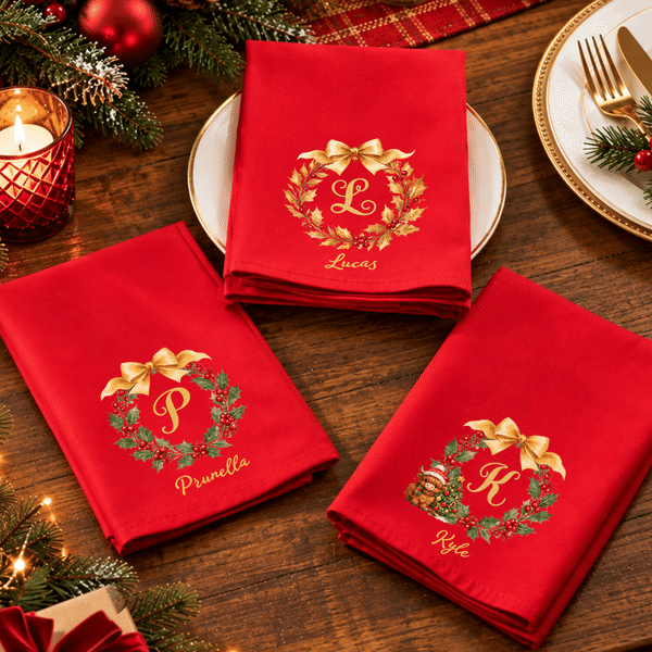 Personalised Holly Highland Cow Pattern 100% Cotton Reusable Red Napkin with Name Table Decor Christmas Gift for Family Friend