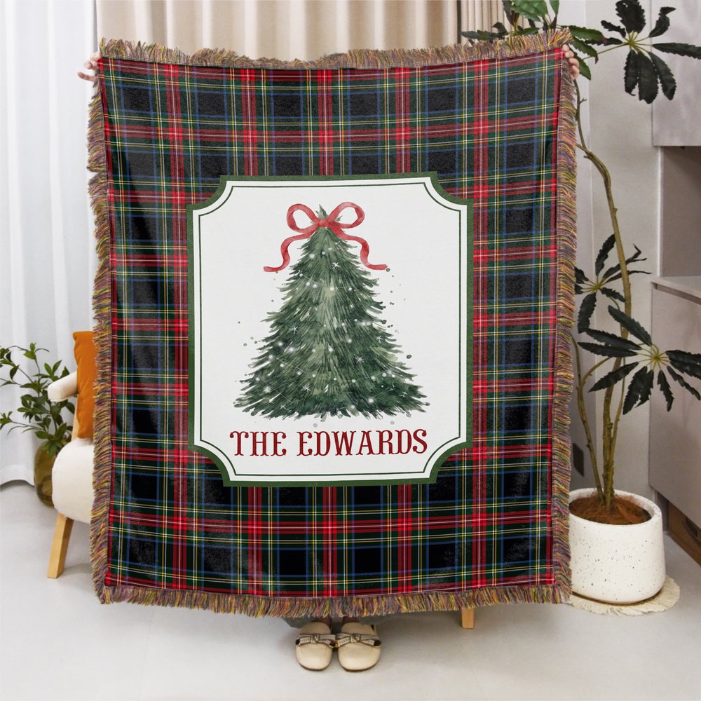 Personalized Watercolor Christmas Tree Buffalo Plaid Fleece Blanket with Tassels and Family Surname Soft Home Decor Christmas Gift for Family Friends 3