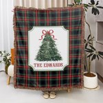 Personalized Watercolor Christmas Tree Buffalo Plaid Fleece Blanket with Tassels and Family Surname Soft Home Decor Christmas Gift for Family Friends 3