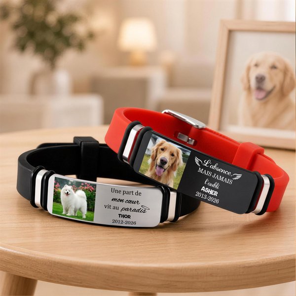 Bracelet personnalisé avec photo d'animal nom et date - Texte de souvenir au choix - Cadeau pour les propriétaires d'animaux de compagnie
