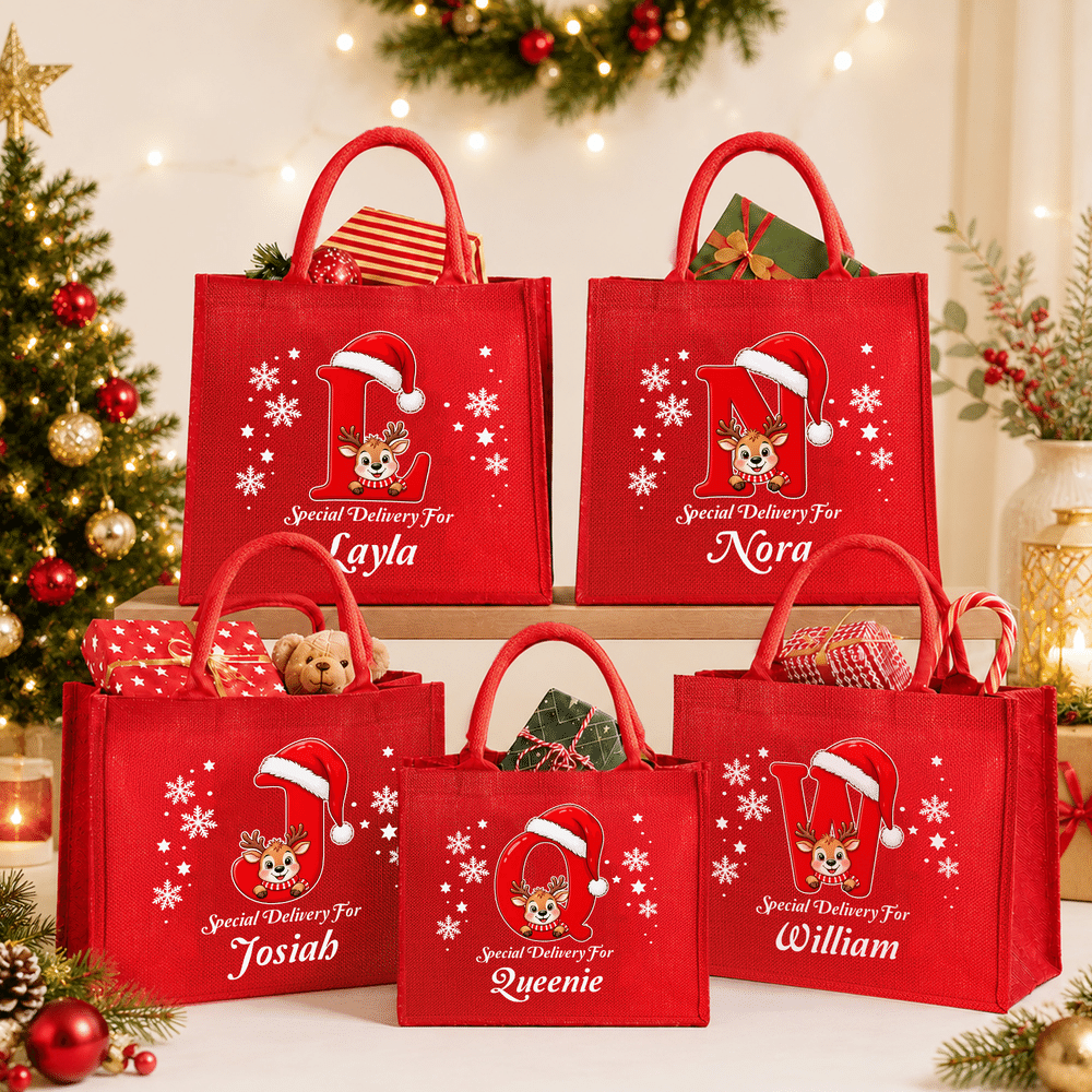 Bolso de lino rojo ecológico con diseño personalizado de renos navideños, con nombre e iniciales; ideal para el uso diario y como regalo para fiestas navideñas para familiares y amigos 5