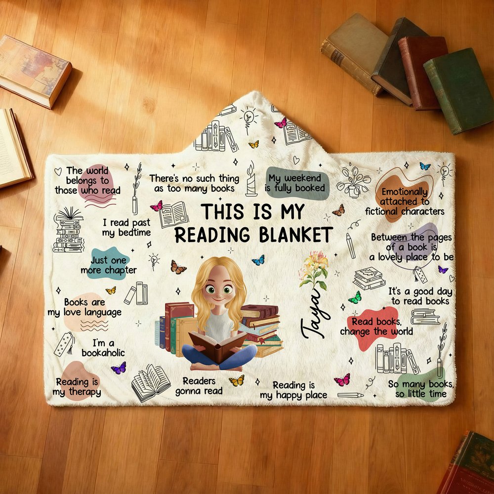 Personalized Birth Flower Cartoon Reading Girl Soft Throw Hooded Blanket with Name Birthday Gift for Librarians Book Lovers 7