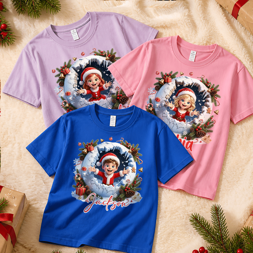 Personalised 3D-Effect Artwork Christmas Theme Photo T-shirt with Name Daily Wear Christmas Gift for Kids Friends Family 6