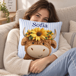 Personalised 3D-Effect Artwork Sunflower Highland Cow Striped Soft Cushion Cover with Name Birthday Gift for Kids Highland Cow Lovers
