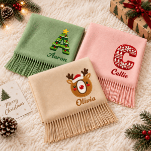 Personalised Christmas Elements Initial Multicolour Soft Tassel Scarf Shawl with Name Winter Accessory Christmas Birthday Gift for Family Friends