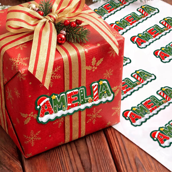 Personalised Multicolour Christmas Santa Hat Gingerbread Man Letter Sticker Name Gift Tag Christmas Gift for Family Friend