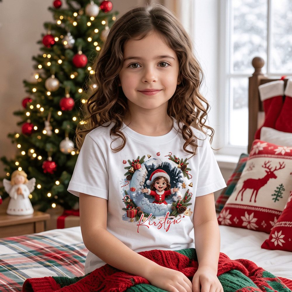Personalised 3D-Effect Artwork Christmas Theme Photo T-shirt with Name Daily Wear Christmas Gift for Kids Friends Family 4